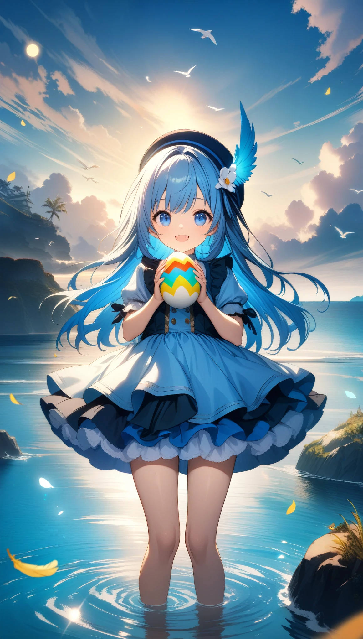 32k, best quality, ultra high res, HDR, UHD, extremely detailed CG, unity 32k wallpaper, A world full of eggs, 18-year-old, Holding a rainbow-colored egg in both hands, Very cute girl, Blue Hair, Long Hair, blue eyes, A beautiful and cute blue dress, from the front, A very beautiful sea background, Standing on the water, Particles that glow blue, bird, cloud, Egg with wings, Close your mouth and smile happily, Cute hat with feathers,  (wing), 