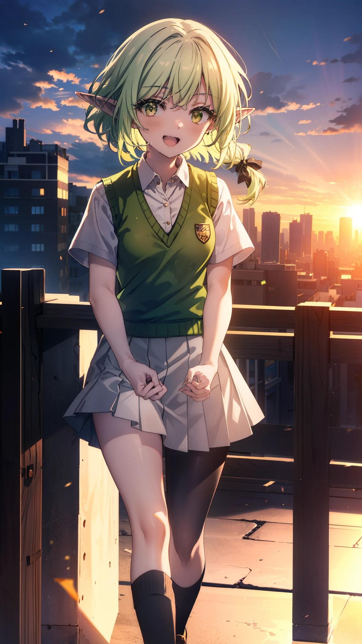 High Goblin Archer, high goblin archer, Long Hair, (Green Eyes:1.5), bow, hair bow, black bow, Side Lock, Green Hair, Pointy Ears, happy smile, smile, Open your mouth,white yシャツ, Short sleeve, Pleated skirt,  Collared shirt, mini skirt, White knee socks, (Black Skirt:1.5), Sweater vest, (green Sweater vest:1.5),Brown Loafers,sunset,evening,The sun goes down,whole bodyがイラストに入るように,Walking,Looking down from above,
break outdoors, city,Building Street,
break looking at viewer, whole body,
break (masterpiece:1.2), highest quality, High resolution, unity 8k wallpaper, (shape:0.8), (Fine and beautiful eyes:1.6), Highly detailed face, Perfect lighting, Highly detailed CG, (Perfect hands, Perfect Anatomy),