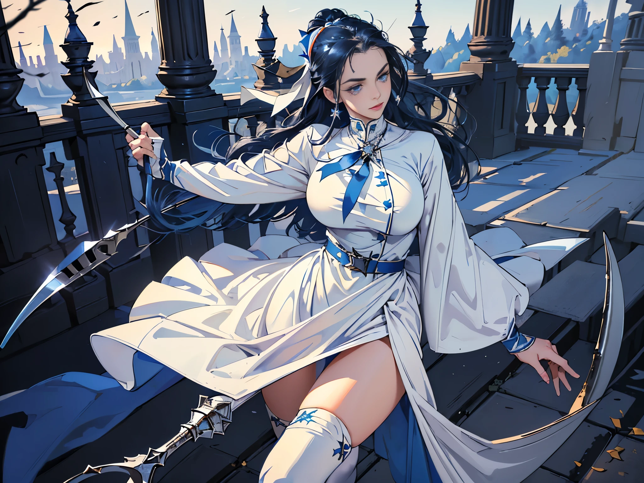 masterpiece, ultra detailed, 8k portrait, RAW photo, portrait photography, highly detailed face, beautiful and meticulous eyes, dark blue hair, long hair, blue eyes, white hair ribbon,  (dark blue nurse costume:1.5), white tights, half boots, spread legs, standing, (holding a giant sickle:1.5), by the old castle, in mid night, from behind, 