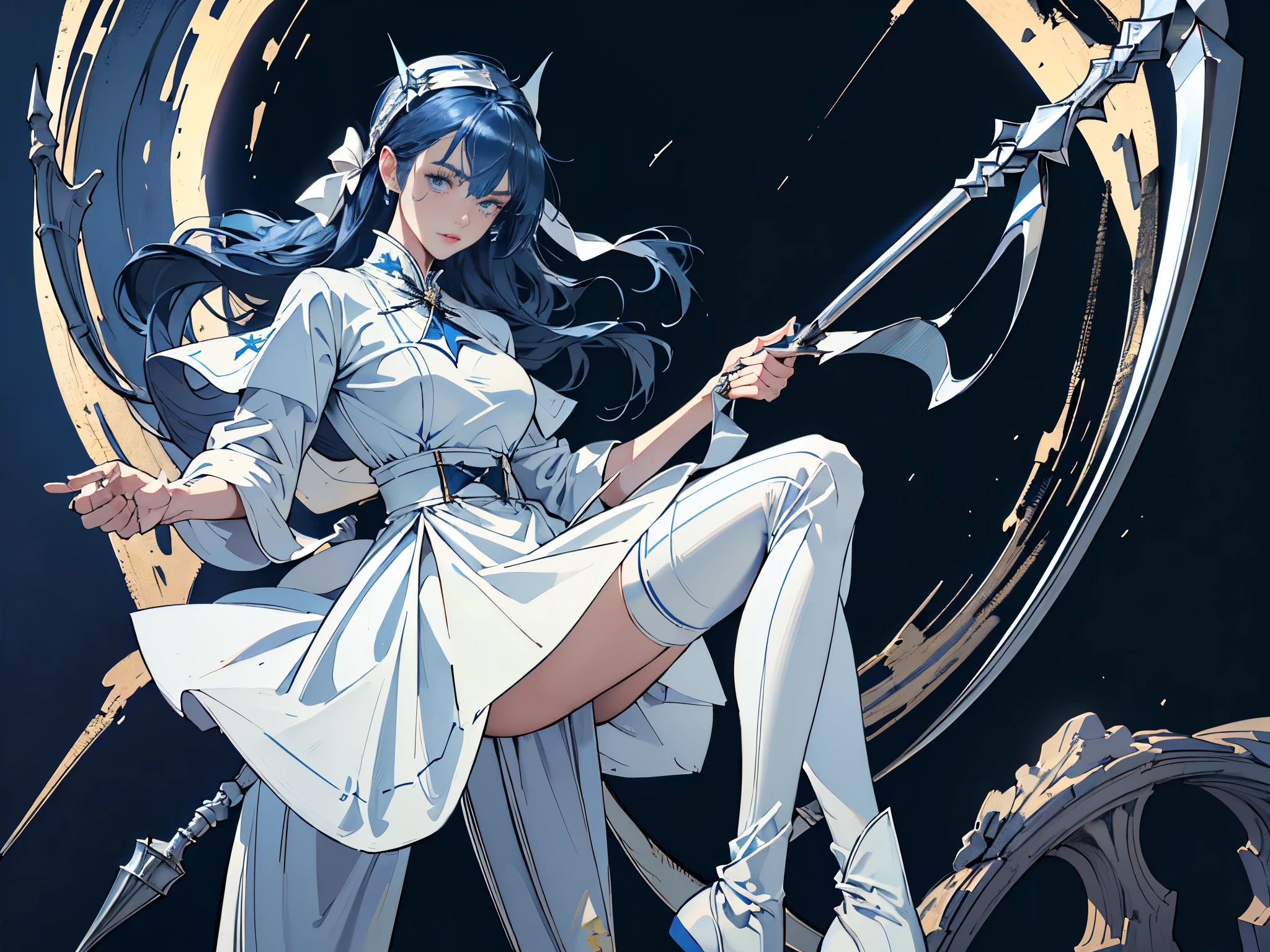 masterpiece, ultra detailed, 8k portrait, RAW photo, portrait photography, highly detailed face, beautiful and meticulous eyes, dark blue hair, long hair, blue eyes, white hair ribbon, (dark blue nurse costume:1.5), white tights, half boots, spread legs, standing, (holding a giant sickle:1.5), by the old castle, in mid night, from behind,
