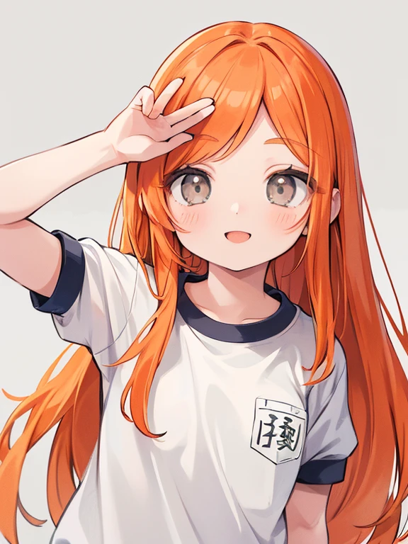 {{{masterpiece}}}, {{{best quality}}}, {{ultra-detailed}}, {illustration}, {{an extremely delicate and beautiful}},inoue orihime, long hair, orange hair, (grey eyes:1.5),white t-shirts,blue buruma,gym uniform,smile,face focus,