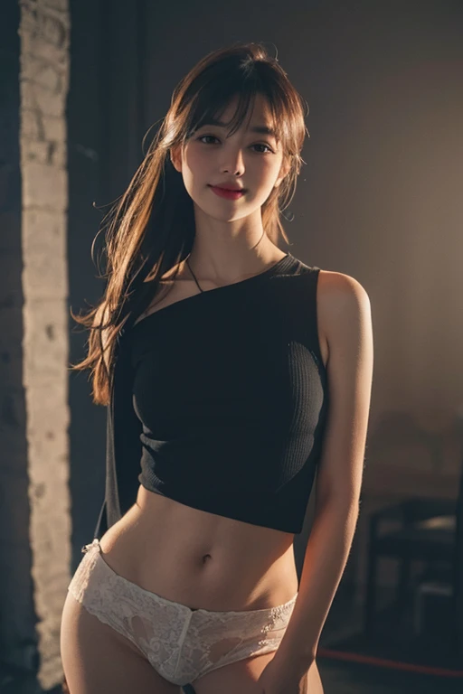 highest quality, masterpiece, Ultra-high resolution, (Realistic:1.5), RAW Photos, smile, Bodyline、Hip, One Girl, Perfect fit, In the Dark, Deep Shadow, moderate, Cold Light, Sexy look