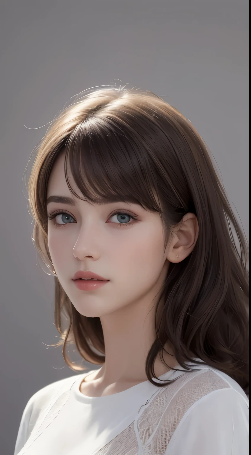 (photograph:1.2)、(photorealistic:1.3)、(masterpiece:1.3)、(Highest image quality:1.4)、ultra high resolution、(detailed eyes)、(detailed facial features)、(Detailed garment features)、8K resolution、solo focus、26 year old mature woman、small face、no makeup、Detailed leal beautiful eyes、bangs、brond hair、long cut hair、(realistic skin)、beautiful skin、charming、ultra high resolution、Super realistic、High definition、Camisa branca aberta,middlebre、small breasts、bust B cup、small breasts、cool beauty、Gray background、cinematic lighting、perfect、soft light、High resolution skin:1.2、realistic skin texture、26 years old mature woman、small face、no makeup、Bust B Cup、Detailed beautiful brown eyes、short hair、dark brown hair、Cool beauty、gray background