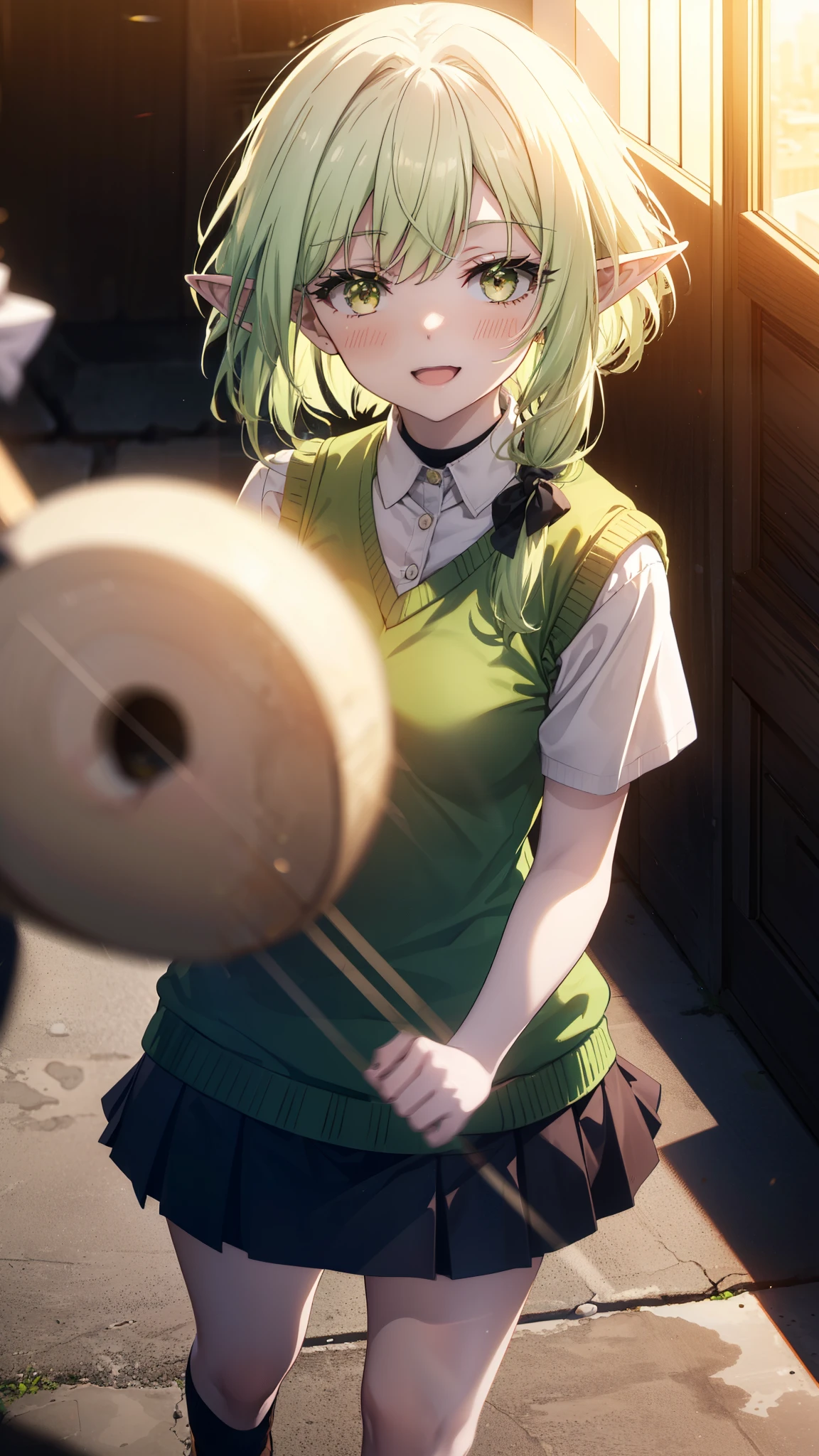 High Goblin Archer, high goblin archer, Long Hair, (Green Eyes:1.5), bow, hair bow, black bow, Side Lock, Green Hair, Pointy Ears, happy smile, smile, Open your mouth,white yシャツ, Short sleeve, Pleated skirt, Collared shirt, mini skirt, White knee socks, (Black Skirt:1.5), Sweater vest, (green Sweater vest:1.5),Brown Loafers,sunset,evening,The sun goes down,whole bodyがイラストに入るように,Walking,Looking down from above,
break outdoors, city,Building Street,
break looking at viewer, whole body,
break (masterpiece:1.2), highest quality, High resolution, unity 8k wallpaper, (shape:0.8), (Fine and beautiful eyes:1.6), Highly detailed face, Perfect lighting, Highly detailed CG, (Perfect hands, Perfect Anatomy),