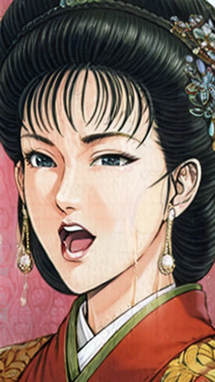 (best quality), (very aesthetic), (ultra-detailed), (best illustration),a mature female,Perfect Face,Suikoden,Mrs. Lin,(full_body),big breast,red cheek,Large drops of sweat are pouring from the whole body,skinny, chinese traditional lingerie,chinese traditional style bed,She opens her mouth wide and closes her eyes, moaning with pleasure.