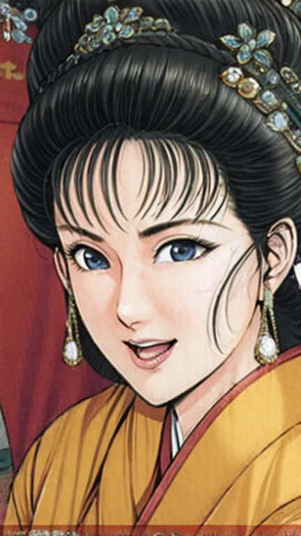 (best quality), (very aesthetic), (ultra-detailed), (best illustration),a mature female,Perfect Face,Suikoden,Mrs. Lin,(full_body),big breast,red cheek,Large drops of sweat are pouring from the whole body,skinny, chinese traditional lingerie,chinese traditional style bed,She opens her mouth wide and closes her eyes, moaning with pleasure.