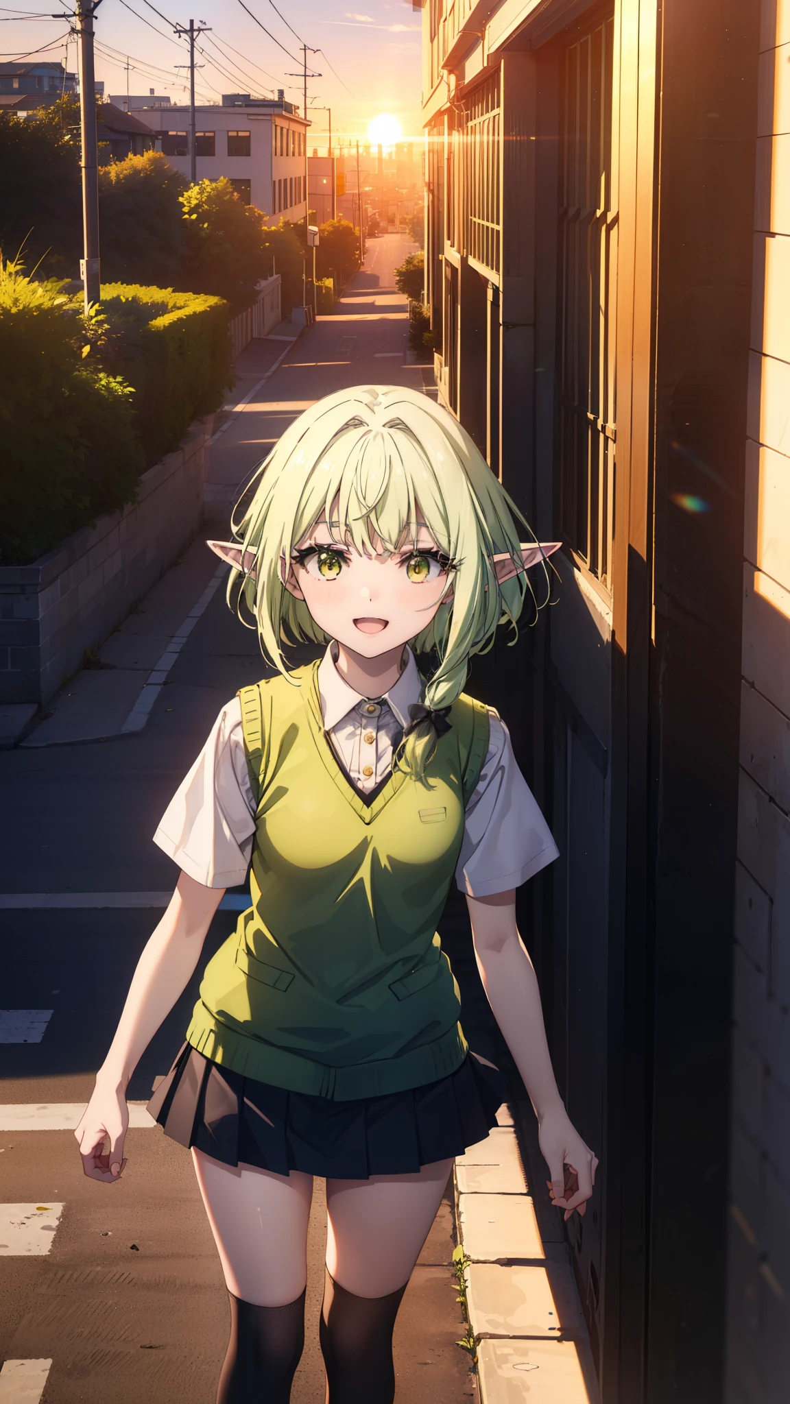 High Goblin Archer, high goblin archer, Long Hair, (Green Eyes:1.5), bow, hair bow, black bow, Side Lock, Green Hair, Pointy Ears, happy smile, smile, Open your mouth,white yシャツ, Short sleeve, Pleated skirt, Collared shirt, mini skirt, White knee socks, (Black Skirt:1.5), Sweater vest, (green Sweater vest:1.5),Brown Loafers,sunset,evening,The sun goes down,whole bodyがイラストに入るように,Walking,Looking down from above,
break outdoors, city,Building Street,
break looking at viewer, whole body,
break (masterpiece:1.2), highest quality, High resolution, unity 8k wallpaper, (shape:0.8), (Fine and beautiful eyes:1.6), Highly detailed face, Perfect lighting, Highly detailed CG, (Perfect hands, Perfect Anatomy),