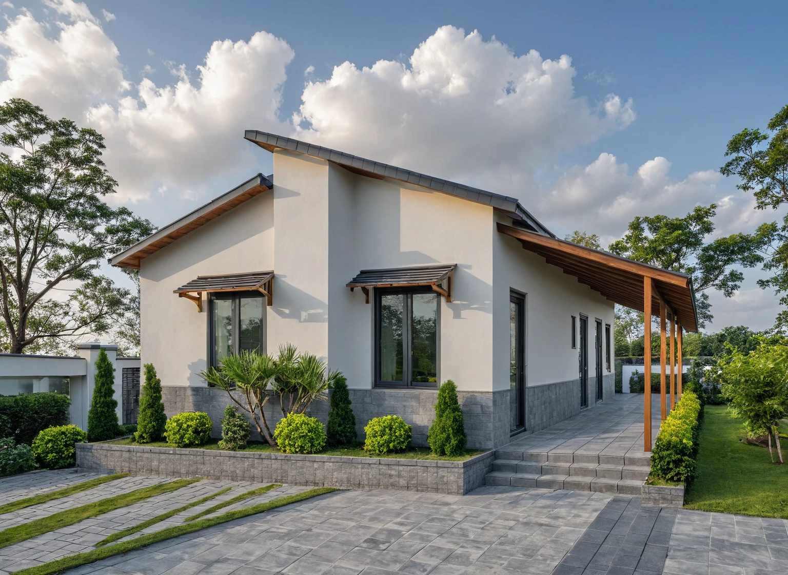 Masterpiece, high quality, best quality, authentic, super detail, tiled roof, outdoors, onestoreyvillaXL, aiaigroup, house style modern on the street ,stairs, white wall ,road,pavement, grass, trees, sky, cloud, (daylight:1.1)
