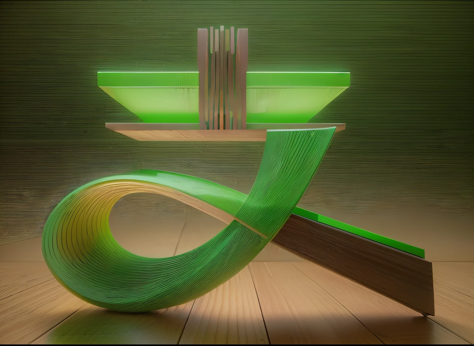 There is a green sculpture on a wooden table with a brown background, depicted as a 3 d render, Stylized as 3D rendering, Rendering in povray, Rendering in KeyShot, rendered on octane 3d, 3d with depth of field, Rendering in Maya, Balance displayed, Rendering in v-ray, rendered on octane
