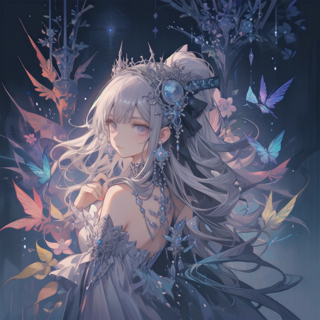natural lighting, soft smile, seductive grin, upturned cheeks, half up-do, floating hair, coquettish hair, slightly shining hair, dress, silk, satin, silky gloss, 1girl, solo, evening, starry sky, spring ephemerals, profile, crystal, glassy gloss, amorphous dress, tropical bird, fire fly, lighting fly, butter fly, morpho, jewelry, ornaments, antique,