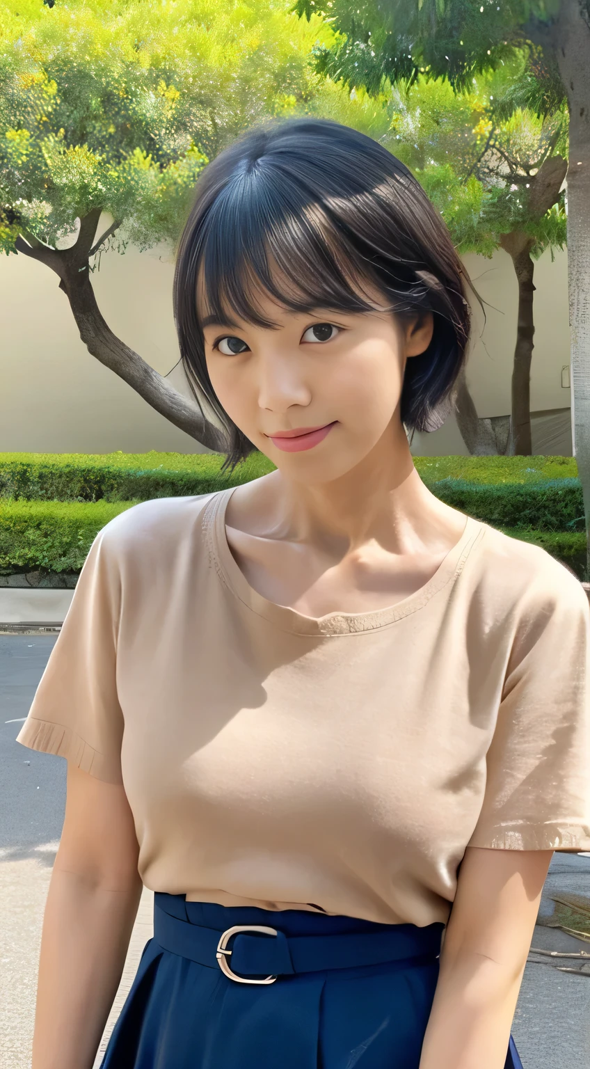 (Japanese),(33 years old), (Slender women), (Small Tits),Flat Chest,(Narrow eyes),((I narrowed my eyes.)),((single eyelid)),(Otakuy),(Otaku),Long face,(Calm face),(Modest and inconspicuous face),(She is short in height),(She hardly ever wears makeup),Natural Makeup,Thin lips,smile,(Shoulder-length hair),Black Hair,Bangs are the same length as eyebrows, (the forehead is hidden by bangs),(she is in a bright park),(She has small breasts), (((She is wearing a large navy blue T-shirt.))), ((She is wearing a beige long skirt.)), (Realistic), (Ray Tracing), (Sharp focus), clavicle, (Detailed face), Natural and realistic skin texture, Soft Face, (((Camel Toe))),((Perfect Anatomy:1.4))
