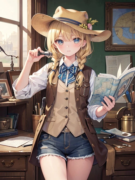 masterpiece, highest quality, Very detailed, 16k, Ultra-high resolution, Cowboy Shot, One , Detailed face, Perfect Fingers, Golden Eyes, Blonde, Braid, A vest with many pockets, Shorts, Exploring knife, Safari Hat, compass, telescope, map, A cluttered room with lots of small items, Organizing tools