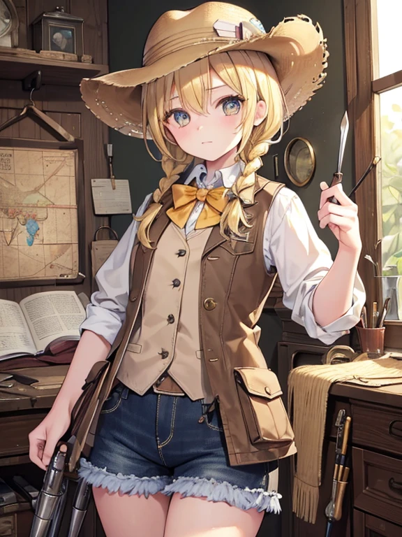 masterpiece, highest quality, Very detailed, 16k, Ultra-high resolution, Cowboy Shot, One , Detailed face, Perfect Fingers, Golden Eyes, Blonde, Braid, A vest with many pockets, Shorts, Exploring knife, Safari Hat, compass, telescope, map, A cluttered room with lots of small items, Organizing tools