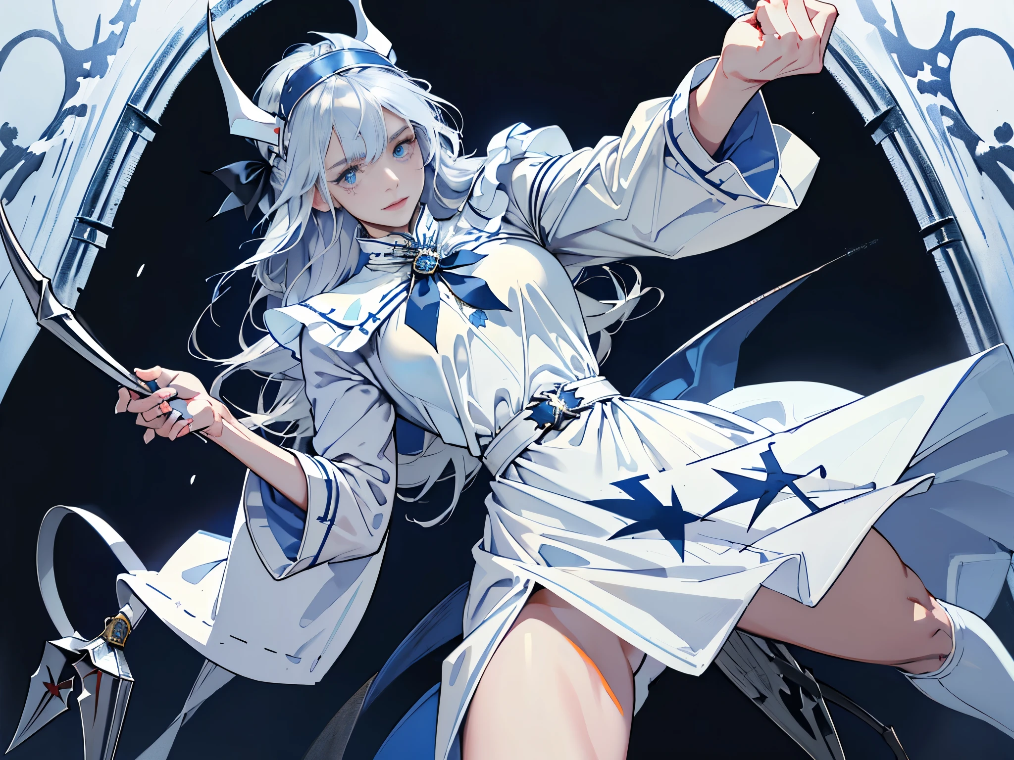 masterpiece, ultra detailed, 8k portrait, RAW photo, portrait photography, highly detailed face, beautiful and meticulous eyes, long hair, blue eyes, white hair ribbon, (dark blue nurse costume:1.5), white tights, half boots, spread legs, standing, (holding a giant sickle:1.5), by the old castle, in mid night, from below