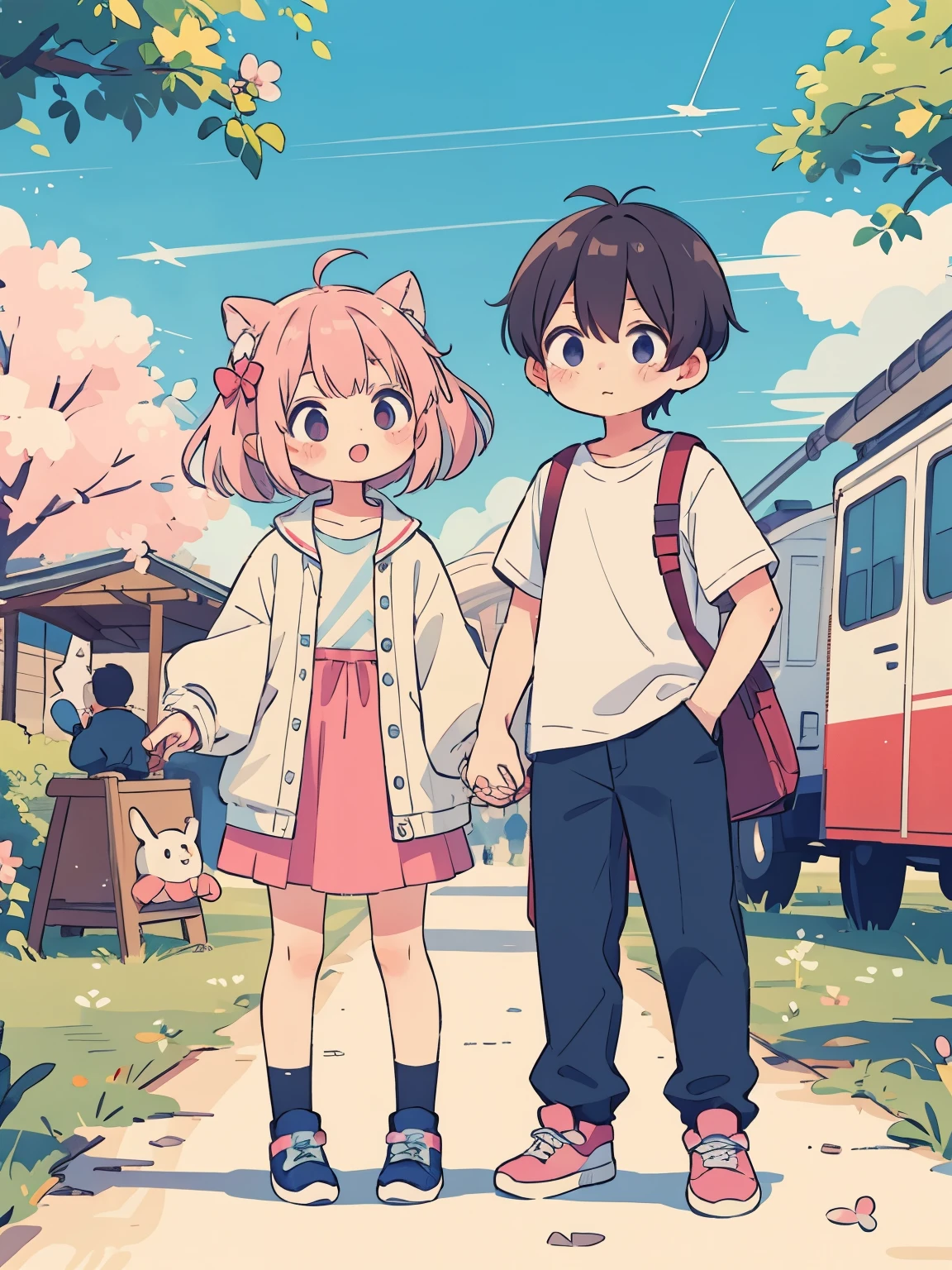 Momoko Sakura style, Kawaii Design, (((many people)))、boy and girl