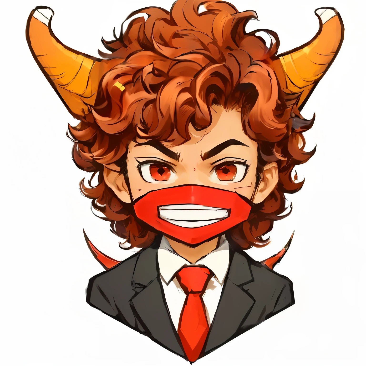 cartoon image of a man with a red mask and horns on his face, with horns, telegram sticker, tyler jacobson style, handsome japanese demon boy, demon boy, oni horns, chibi, avatar image, dapper dream demon, by Kanbun Master, inspired by Tetsugoro Yorozu, telegram sticker design, official fanart, araki, cheeky devil, by Josetsu