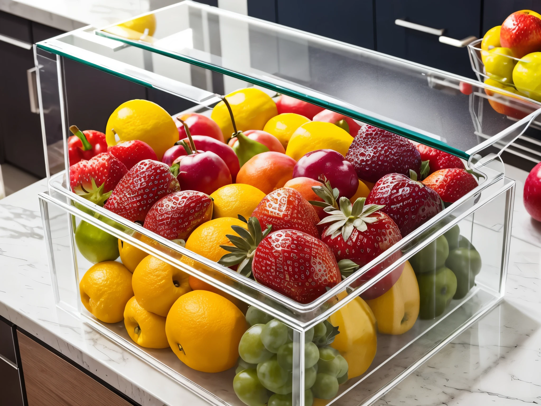 Colorful and bright fruits are placed in the kitchen，Enclosed in a transparent plastic safety box，Full of