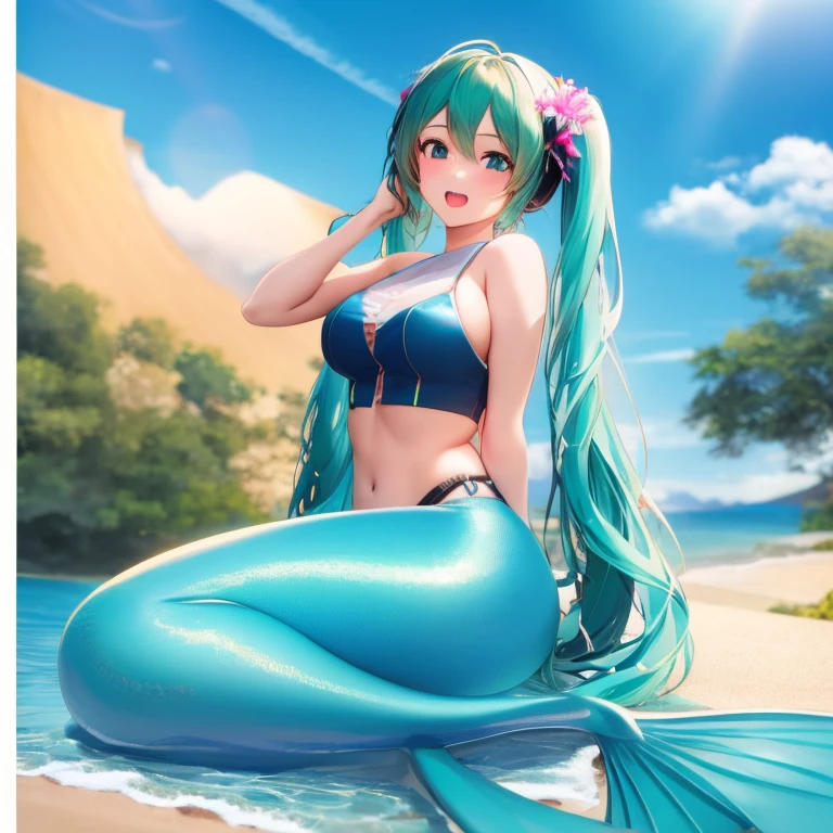 1girl, hatsune miku, 8k, highres, best quality, high quality, masterpiece, wallpaper, 16k, 4k, , solo, full body, Hatsune Miku clothing, volumetric lighting, close shot, happy, open mouth, mermaid, beach, sitting