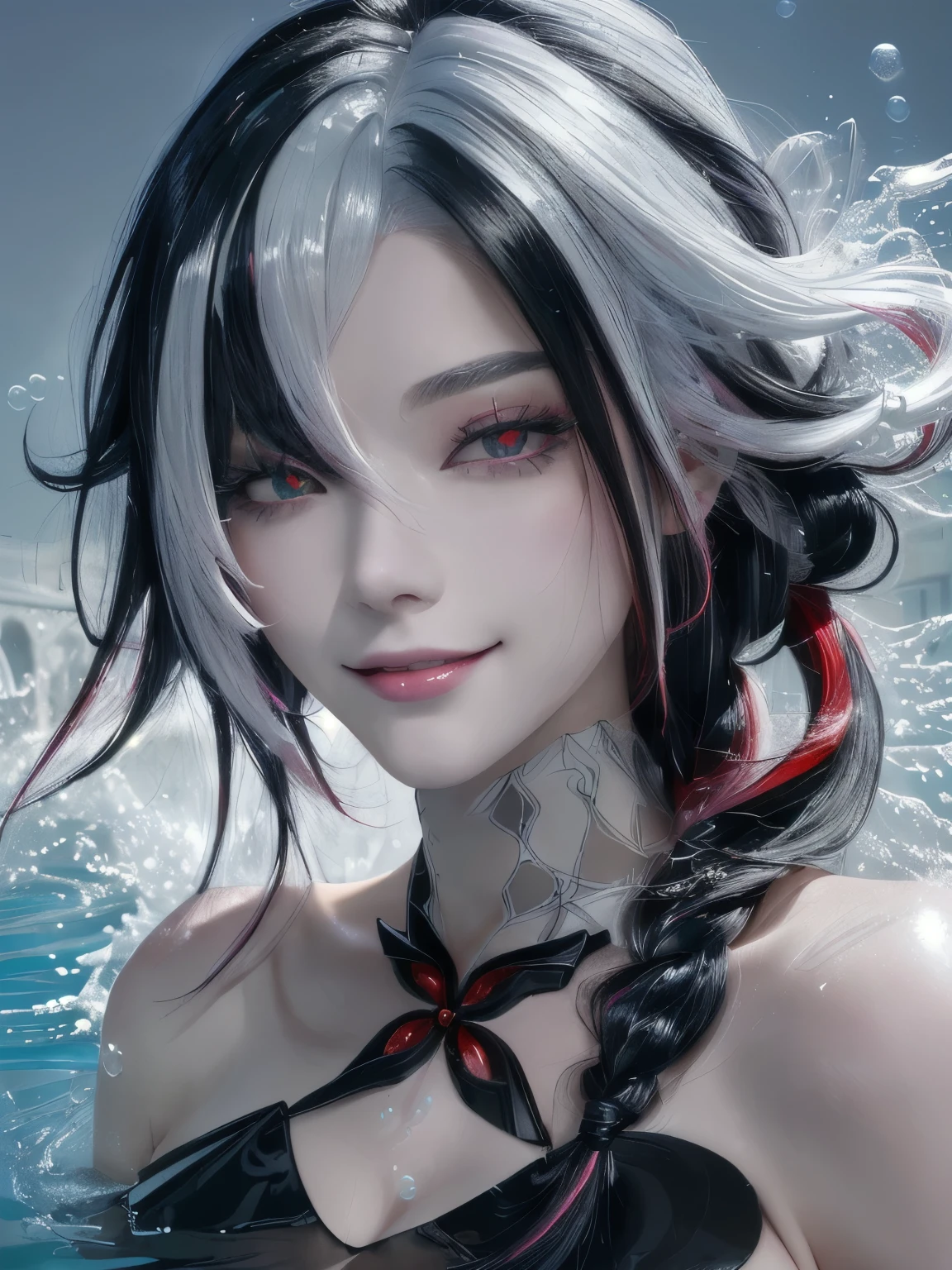 HD，masterpiece，high resolution，White hair,black hair,Colorful hair,Straight Hair,Long braids,Red eyes,Red X pupils,FlowingWaterStreams，Blisters，Beautiful shape of bubbles、Beautiful and moving face，Clear face，Smile，big eyes，Double eyelids，Wearing a pink micro swimsuit