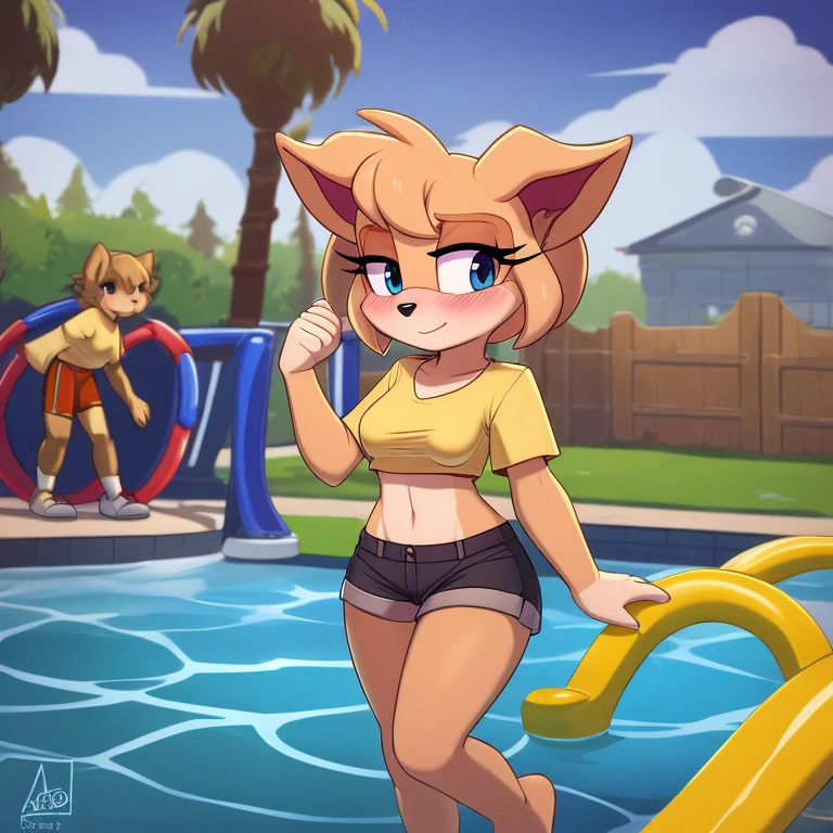 Score_9, score_8up, highres, 1girl, lop \(star wars visions\), furry, shy, meek, yellow oversized shirt, black bikini strap, shorts, small breasts, blushing, water park