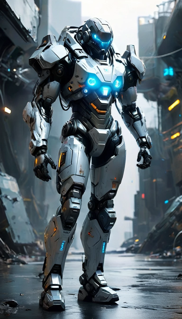 The image depicts a futuristic humanoid figure clad in advanced protective gear. The suit is predominantly silver with blue accents, suggesting a high-tech and possibly armored design. The helmet features a visor with a glowing blue light, which could indicate advanced vision enhancement or communication systems. The figure is holding a device with a glowing blue screen, which might be a tool or weapon, further emphasizing the advanced technology theme. The background is dark and industrial, hinting at a setting that could be a laboratory or a battlefield of the future. The overall impression is one of advanced technology and human enhancement, possibly in the context of a science fiction narrative or a vision of future military or exploration equipment.