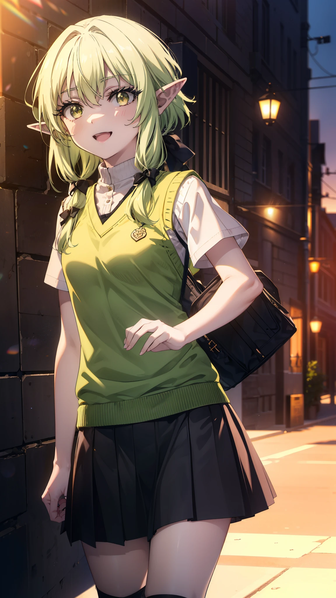 High Goblin Archer, high goblin archer, Long Hair, (Green Eyes:1.5), bow, hair bow, black bow, Side Lock, Green Hair, Pointy Ears, happy smile, smile, Open your mouth,white yシャツ,White tights, Short sleeve, Pleated skirt, Collared shirt, mini skirt, (Black Skirt:1.5), Sweater vest, (green Sweater vest:1.5),Brown Loafers,sunset,evening,The sun goes down,whole bodyがイラストに入るように,Walking,Looking down from above,
break outdoors, city,Building Street,
break looking at viewer, whole body,
break (masterpiece:1.2), highest quality, High resolution, unity 8k wallpaper, (shape:0.8), (Fine and beautiful eyes:1.6), Highly detailed face, Perfect lighting, Highly detailed CG, (Perfect hands, Perfect Anatomy),