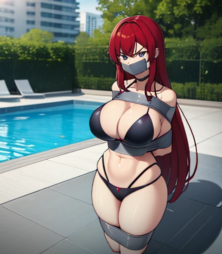 1girl, , tape bondage, black bikini, huge breasts, long hair, gagged, pool, standing, looking at viewer, angry, glaring, wide hips, red hair, blue eyes
