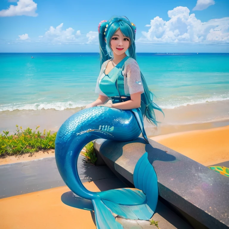 1girl, hatsune miku, 8k, highres, best quality, high quality, masterpiece, wallpaper, 16k, 4k, , solo, full body, Hatsune Miku clothing, volumetric lighting, close shot, happy, open mouth, mermaid, beach, sitting