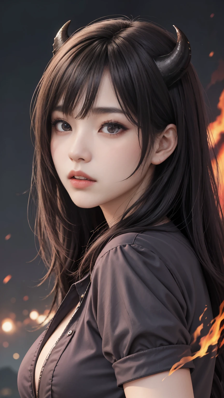 background(Black Night Sky,Big Moon),Woman close up,Wearing a white shirt、Purple Hair,Very long hair,very thick braids,Purple eyes,big , realistic girl rendering, 8k artistic german bokeh, Enchanting girl, Realistic girl, Gurwitz, Gurwitz-style artwork, Girl Roleplay, Realistic 3D style, cgstation Popular Topics,, 8K Portrait Rendering,(Faithfulness,Faithfulness:1.4),Wear pink pajamas,巨big ,Sparkling eyes,Purple eyes、(highest quality,4K,8k,High resolution,masterpiece:1.2),Very detailed,(Realistic,photoRealistic,photo-Realistic:1.37),Mythical monster,Beast-like creature,Muscular,Six big legs,Stand like a gorilla,Red fur covering the body,two big horns,Boar tusk,Sharp Claws,huge shape,Burning Fire Magic,Energy aura,A menacing presence,Glowing Eyes,Intimidating posture,Dark Environment,Smoke-filled air,Ominous Shadow,Majestic and fierce,Explosive power,Vibrant colors,Bold,Horror art style,Dynamic configuration,Dramatic lighting,Muscle layers,large sharp teeth,Sharp Edges,Very detailedスケール,Fiery Crack,Burning Flames,Ferocious look,Burning with anger,Surrounded by sparks and embers