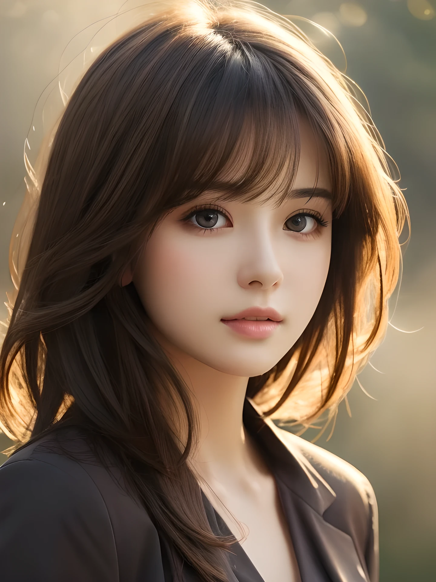 masterpiece, highest quality, High resolution, wallpaper, realistic, (bright lighting:1.4), professional lighting, face light, smooth lighting, 1 girl, Close-up, cute, sad, open mouth to say something, shy, Beautiful girl, gravure, sexy, super beautiful, beautiful skin, beautiful and detailed eyes、detailed face、slim、moderately, short hair, hair blown by the wind, brunette colored hair, brown eyes, Professional Photography, Bokeh, Portrait, The morning sunlight shines through the misty forest path.