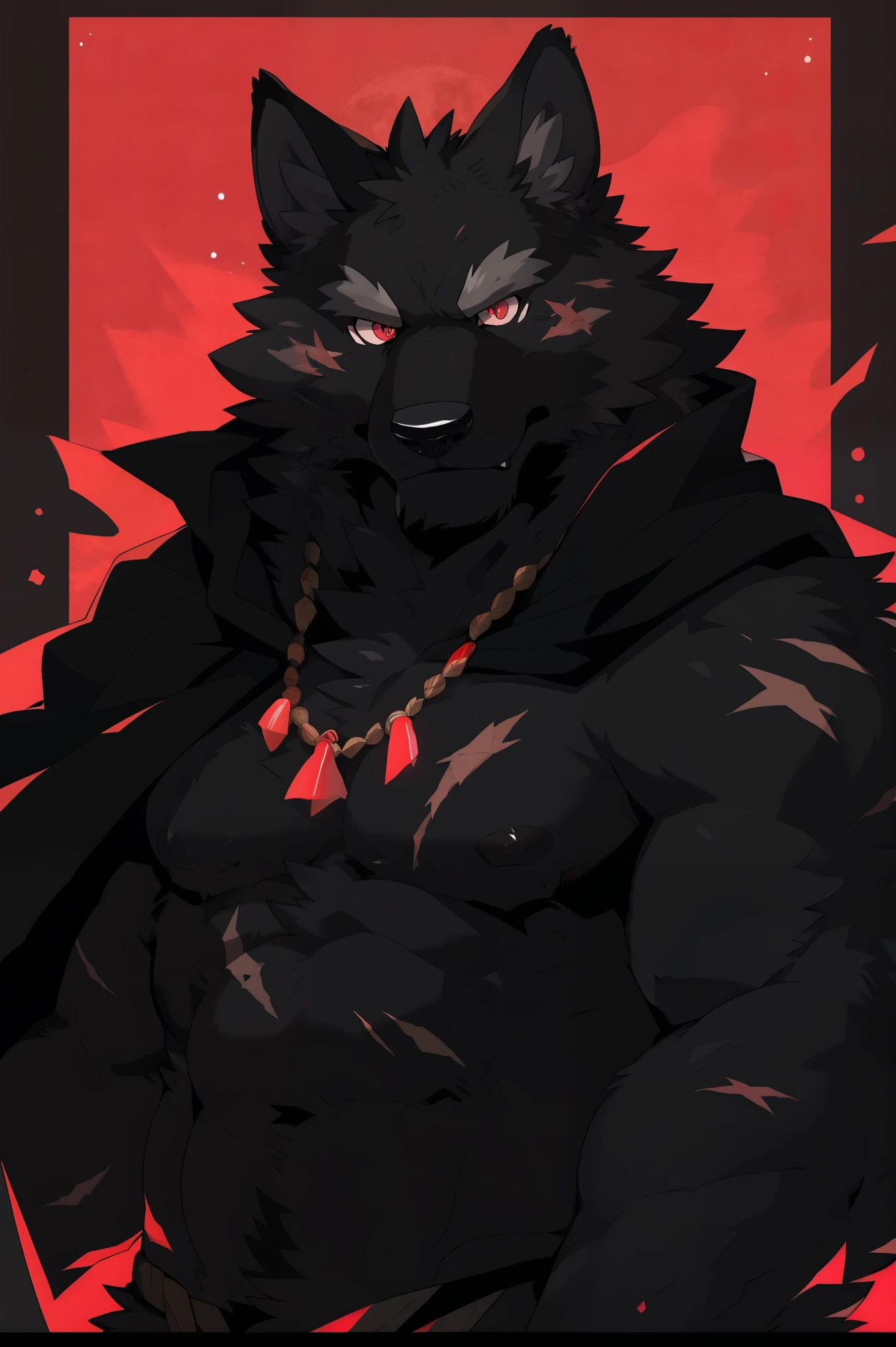 wolf face, solo, Pure black hair, (all black fur:1.5), Topless, (Black cape), (Perfect red eyes:1.4), (Full moon background), （artist:Takemoto Arashi）, twitchemote, Mature face, elder, Side of the character, Looking at the audience, Clear facial details, glint, nipple, Elderly, expressionless, scars on the body, outside border, head out of frame, Tonalism, high details