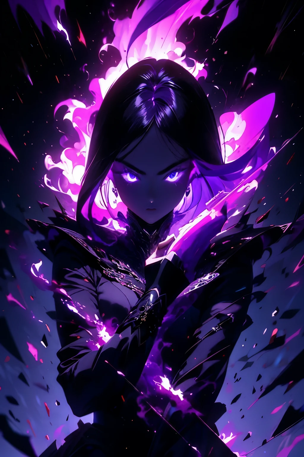 tmasterpiece, Best quality at best, Ultra-high resolution, The beautiful, the visual stunning shock, Elegant, incredibily detailed,  Award-winning painting, (Dark art:1.1), deep shading, (Dark theme:1.1), genome,   Angry, glowing, (purple aura:1.2),vibrancy, Flying debris, Flying debris,cg render，Ray traching，