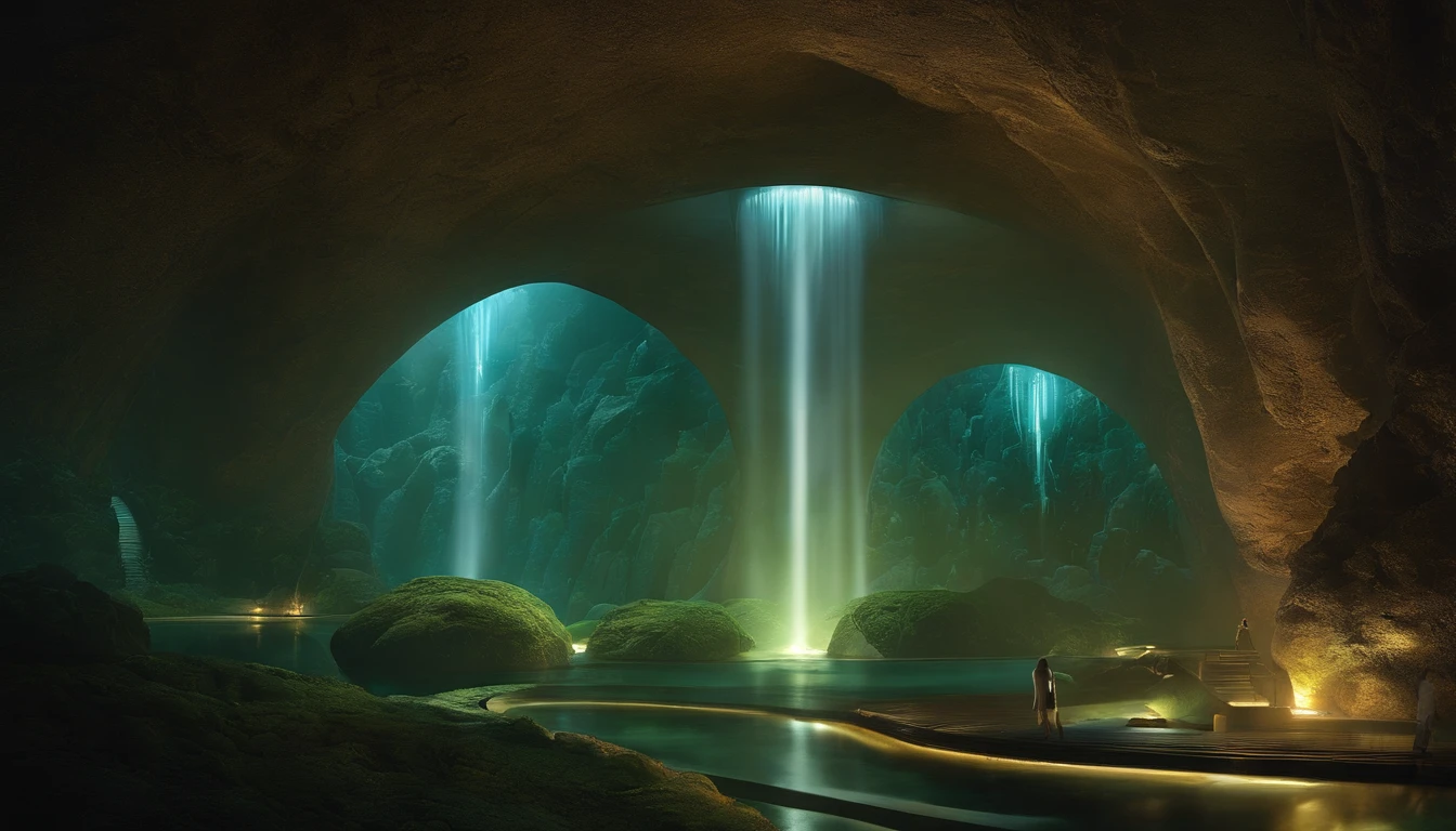 Breathtaking imagery of a futuristic underground city, with massive subterranean tunnels merging natural grandeur and cutting-edge technology. The tunnels are illuminated by bioluminescent fungi and radioluminescent fibers, casting an ethereal glow on ancient rock formations. Towering stalactites and stalagmites stand like sentinels in the dim light, while maglev trains silently glide through the corridors. The air is filled with the scent of dampness and minerals, accompanied by the faint ozone tang of high-energy plasma conduits.
In the distance, holographic advertisements and neon signage blend with the soft glow of cultivated phosphorescent flora. Bustling markets offer a variety of exotic products and services, while techno-shamans perform rituals that fuse ancient mysteries with futuristic city.