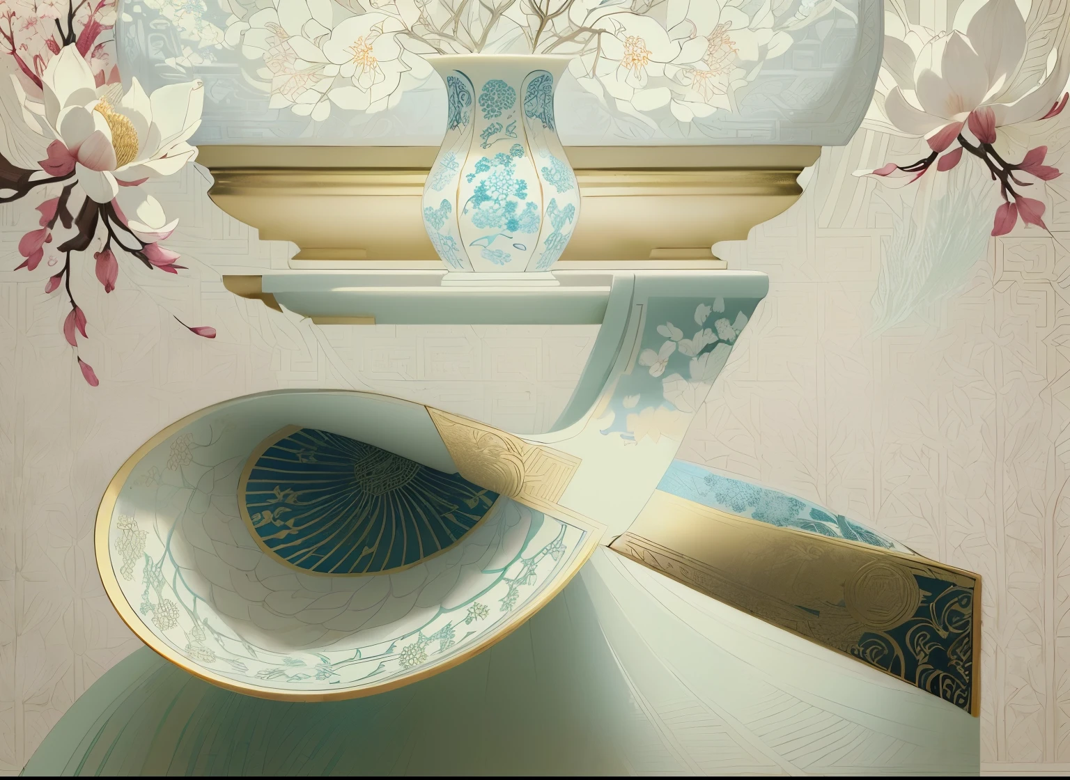 illustration , poster design , porcelain vase , silk , white Magnolia flowers , plants , chinoiserie , rich background , flat illustration , Victo Ngai
style , stunning details atmospheric perspective , natural light lighting , Super detailed details ,8k
masterpiece , best quality ,8k, insane details , intricate details , hyperdetailed , hyper quality , high detail , ultra detailed ,