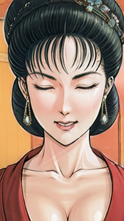 (best quality), (very aesthetic), (ultra-detailed), (best illustration),a mature female,Perfect Face,Suikoden,Mrs. Lin,(full_body),big breast,red cheek,Large drops of sweat are pouring from the whole body,skinny, chinese traditional lingerie,chinese traditional style bed,Trying to kiss with your eyes closed。