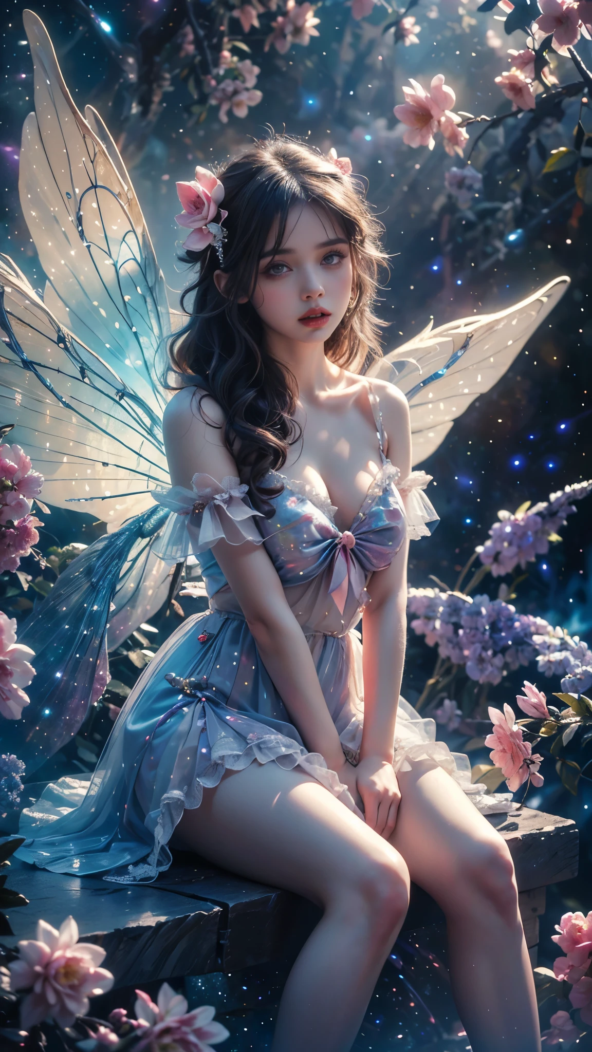 4k ultra hd, masterpiece, a girl, good face, detailed eyes, detailed lips, flower fairy girl, big wings, transparent wings, neon lights, (galaxy background:1.5),  in the heaven, sitting on the unicon,