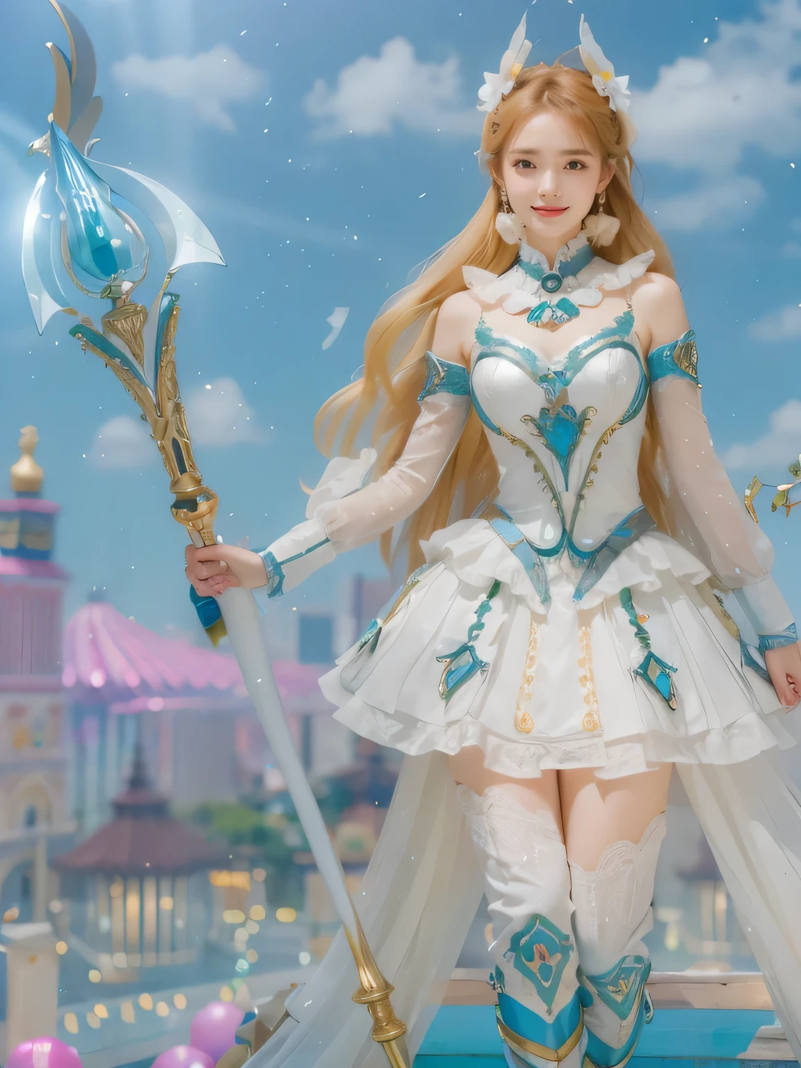 (8k, highest quality, masterpiece: 1.2), ultra detail, highest quality, ultra high resolution, professional lighting, photon mapping, radiosity, physically based rendering, cinematic lighting, depth of field, focusing, sun rays, good composition, (bokeh: 1.2), 1 girl, (full body), smile, beautiful eyes, pose, constriction, brown hair, short hair, prairie blouse light blue, skirt,park,hand {fingers} Kawaii {finger} hand,