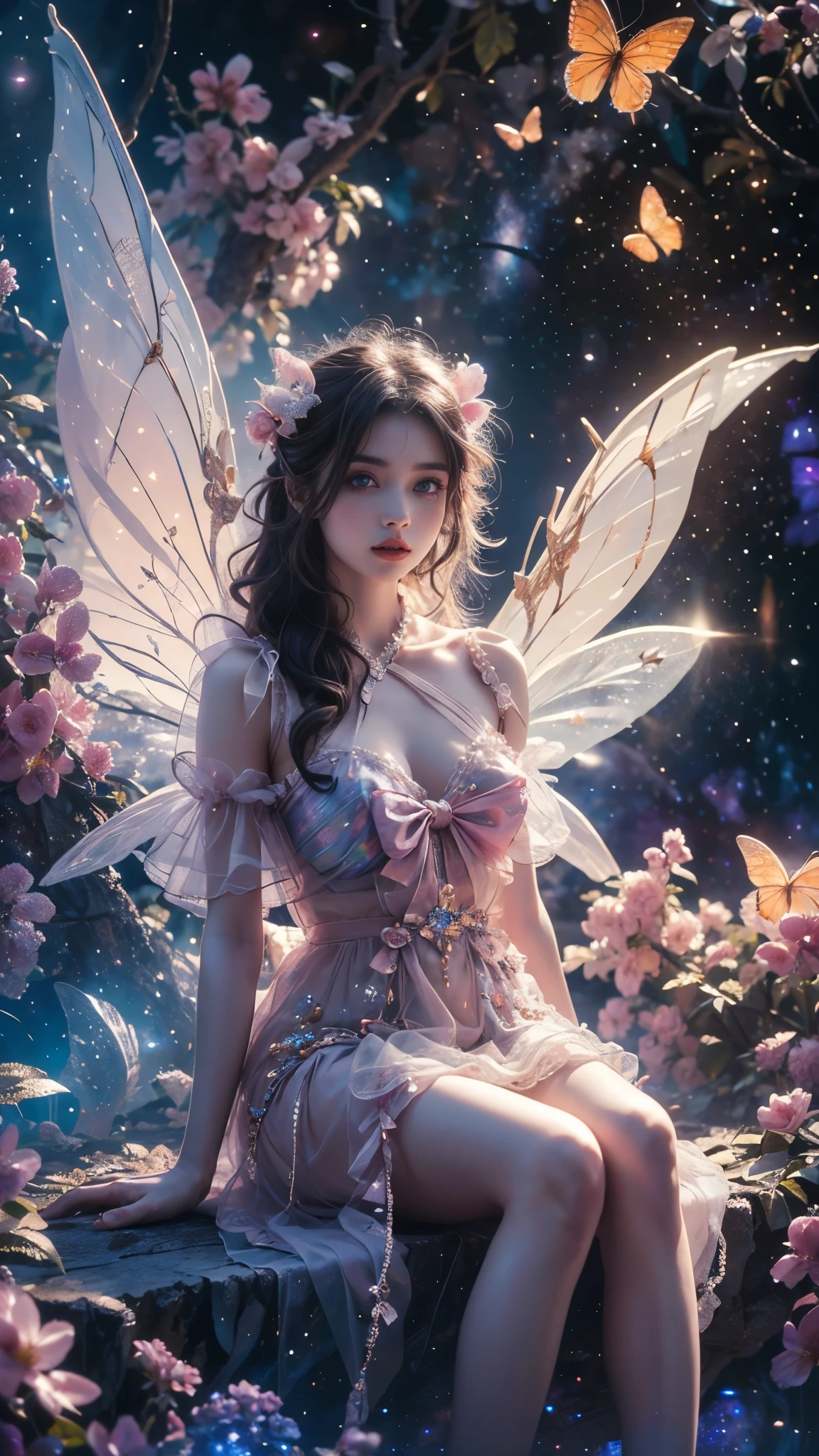 4k ultra hd, masterpiece, a girl, good face, detailed eyes, detailed lips, flower fairy girl, big wings, transparent wings, neon lights, (galaxy background:1.5),  in the heaven, sitting on the unicon,