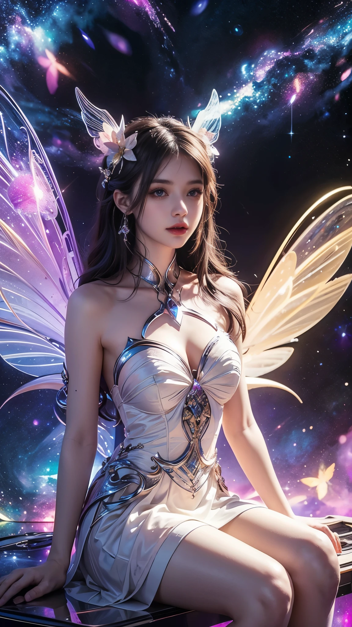 4k ultra hd, masterpiece, a girl, good face, detailed eyes, detailed lips, flower fairy girl, big wings, transparent wings, neon lights, (galaxy background:1.5),  in the heaven, sitting on the unicon,