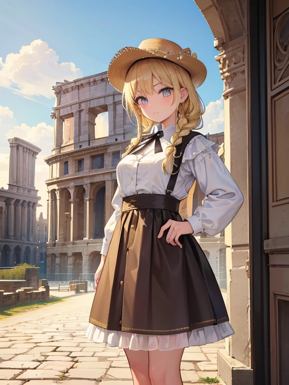 masterpiece, highest quality, Very detailed, 16k, Ultra-high resolution, Classicism, Cowboy Shot, One ****************, Detailed face, Perfect Fingers, Golden Eyes, Blonde, Braid, Tunica, Put on Degas, Woven shoes, Ancient Rome, temple, Colosseum, In town, Cobblestones, Thermae