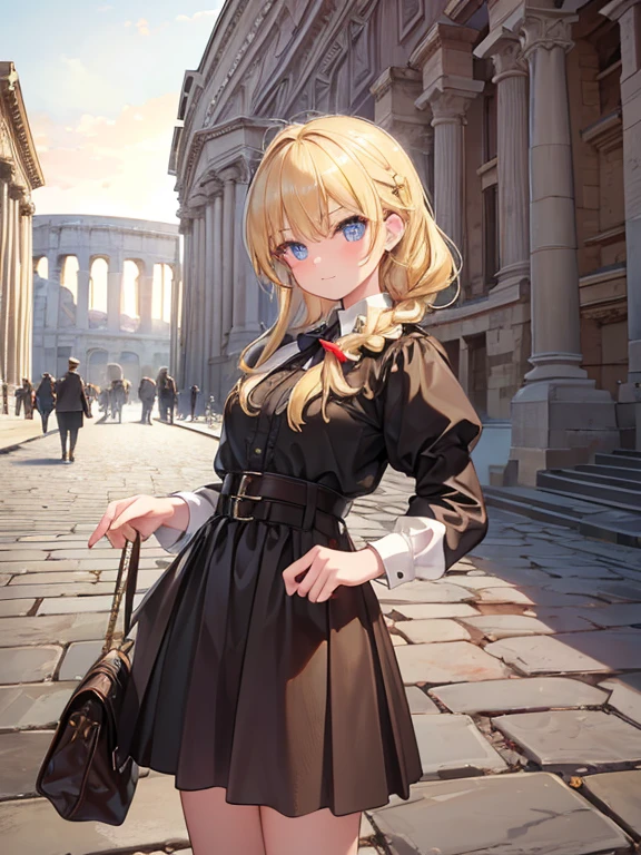 masterpiece, highest quality, Very detailed, 16k, Ultra-high resolution, Classicism, Cowboy Shot, One -yeld gi Detailed face, Perfect Fingers, Golden Eyes, Blonde, Braid, Tunica, Put on Degas, Woven shoes, Ancient Rome, temple, Colosseum, In town, Cobblestones, Thermae