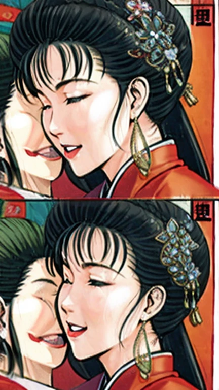 (best quality), (very aesthetic), (ultra-detailed), (best illustration),a mature female,Perfect Face,Suikoden,Mrs. Lin,(full_body),big breast,red cheek,Large drops of sweat are pouring from the whole body,skinny, chinese traditional lingerie,chinese traditional style bed,She closes her eyes and lifts her face to kiss me。