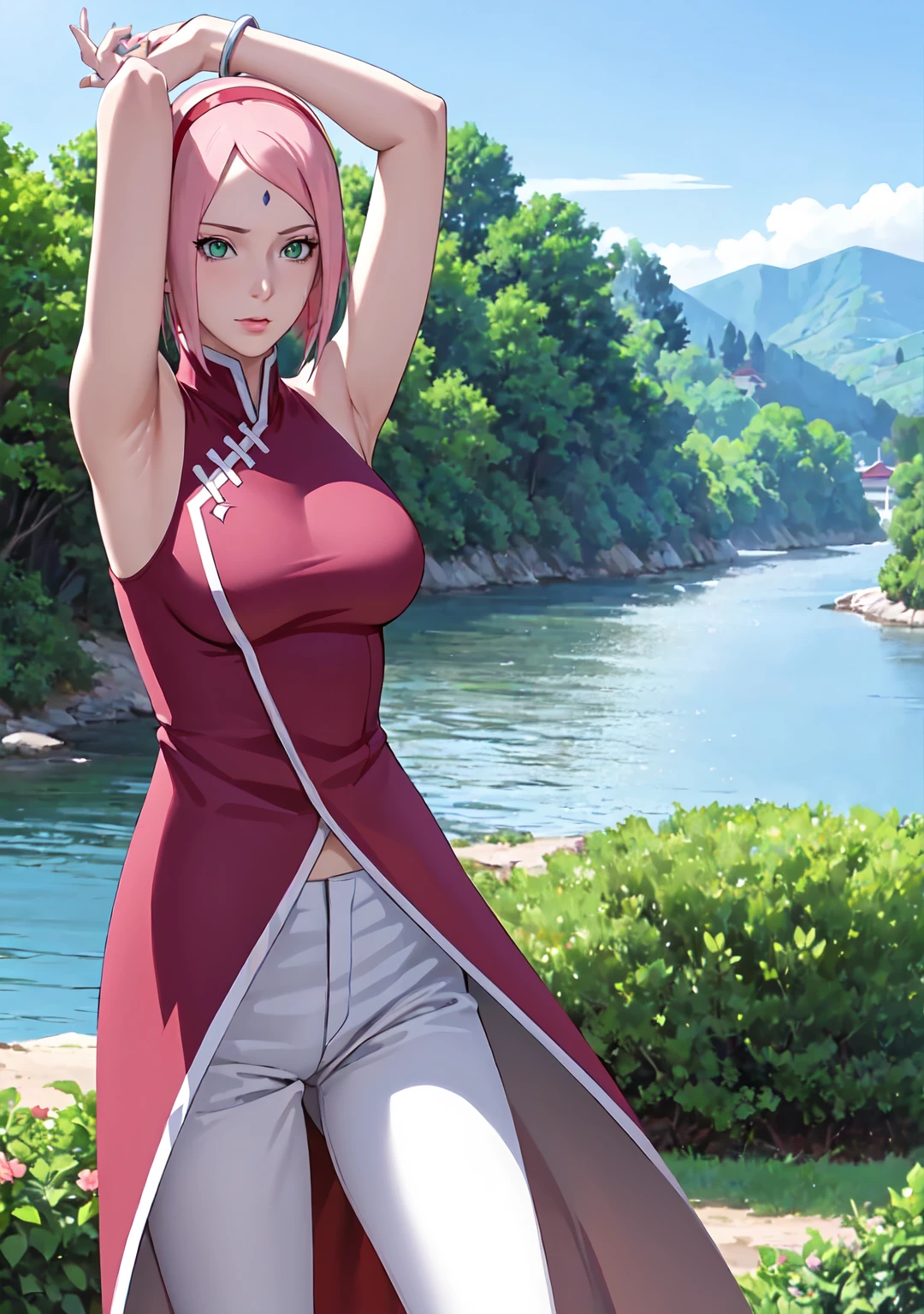 masterpiece,stunningly realistic, highest quality, Sharpness,1 girl,Pink Hair,Green Eyes,Sakura Haruno Red sleeveless dress White pants Bracelet Mark on forehead Red hairband Uchiha crest,Medium large breasts,Stabbing in the garden,The sea in the background,(Put your arms behind your head:1.2)