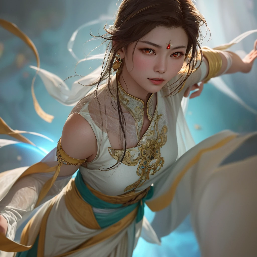 A divine Asian spirit, Malaysian woman, age 25, ankle length hair, white billowing silken robes with platinum trim, glowing eyes, and a holy aura, floats above a magic circle in a medieval European village. (best quality, 4k, highres, masterpiece:1.2), ultra-detailed, (realistic, photorealistic, photo-realistic:1.37), HDR, UHD, studio lighting, ultra-fine painting, sharp focus, physically-based rendering, extreme detail description, professional, vivid colors, bokeh, portraits, landscape, horror, anime, sci-fi, photography, concept artists, vibrant colors, soft lighting.