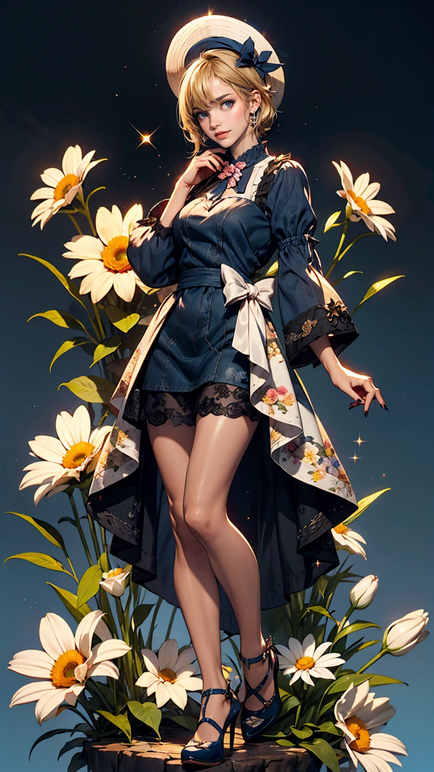 uekura, One girl, Blonde Hair,  Have, dress, Blue footwear, wing, Simple Background, sign, flower, Manicure, Wide sleeves, Long sleeve, blush, animal, white flower, alone, whole body, bird, View Viewer, High heels, Put your hand on your cheek, put your hand on your face, Frills, bow, bangs, ribbon, Bell, Blue hat, +_+, shoes下, short hair, Grey Eyes, shoes, Blue Claws, feathered wing, blue bow