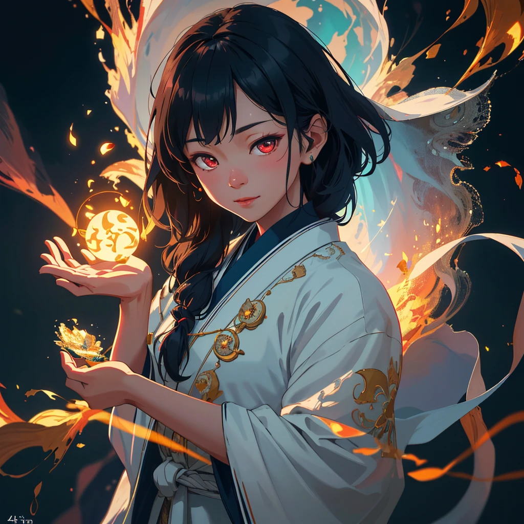 A divine Asian spirit, Malaysian woman, age 25, ankle length hair, white billowing silken robes with platinum trim, glowing eyes, and a holy aura, floats above a magic circle in a medieval European village. (best quality, 4k, highres, masterpiece:1.2), ultra-detailed, (realistic, photorealistic, photo-realistic:1.37), HDR, UHD, studio lighting, ultra-fine painting, sharp focus, physically-based rendering, extreme detail description, professional, vivid colors, bokeh, portraits, landscape, horror, anime, sci-fi, photography, concept artists, vibrant colors, soft lighting.