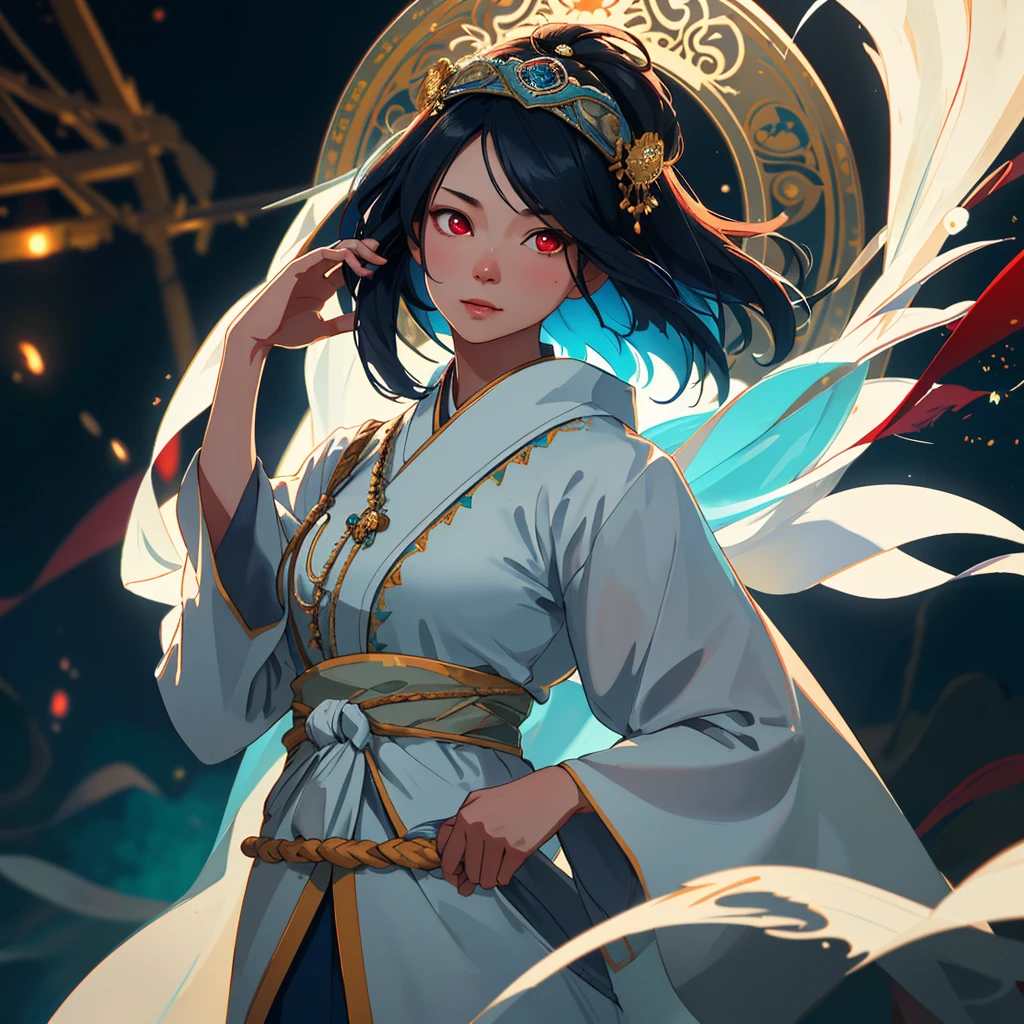 A divine Asian spirit, Malaysian woman, age 25, ankle length hair, white billowing silken robes with platinum trim, glowing eyes, and a holy aura, floats above a magic circle in a medieval European village. (best quality, 4k, highres, masterpiece:1.2), ultra-detailed, (realistic, photorealistic, photo-realistic:1.37), HDR, UHD, studio lighting, ultra-fine painting, sharp focus, physically-based rendering, extreme detail description, professional, vivid colors, bokeh, portraits, landscape, horror, anime, sci-fi, photography, concept artists, vibrant colors, soft lighting.