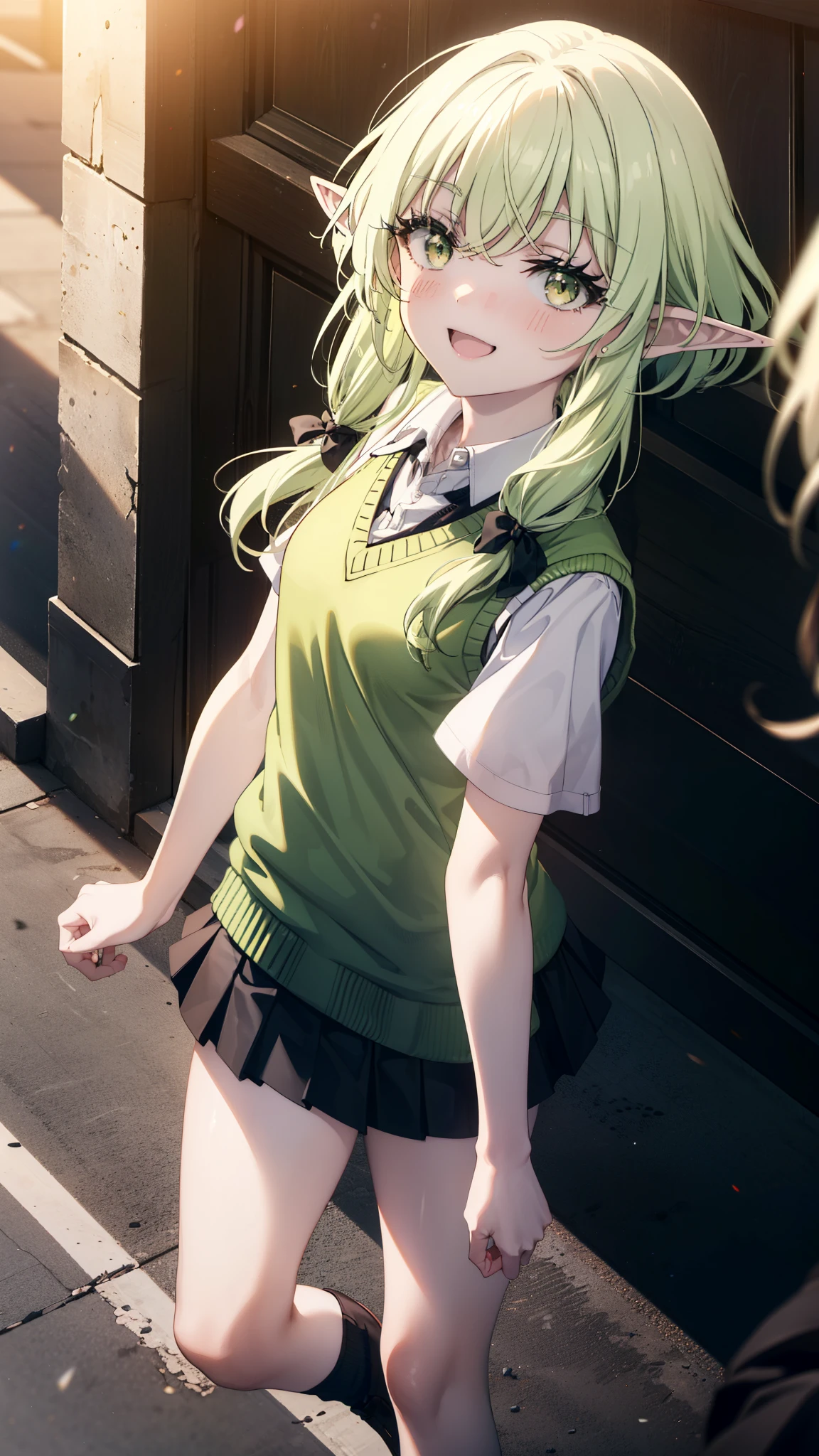 Anime girl with green hair and green vest walking down the street ...