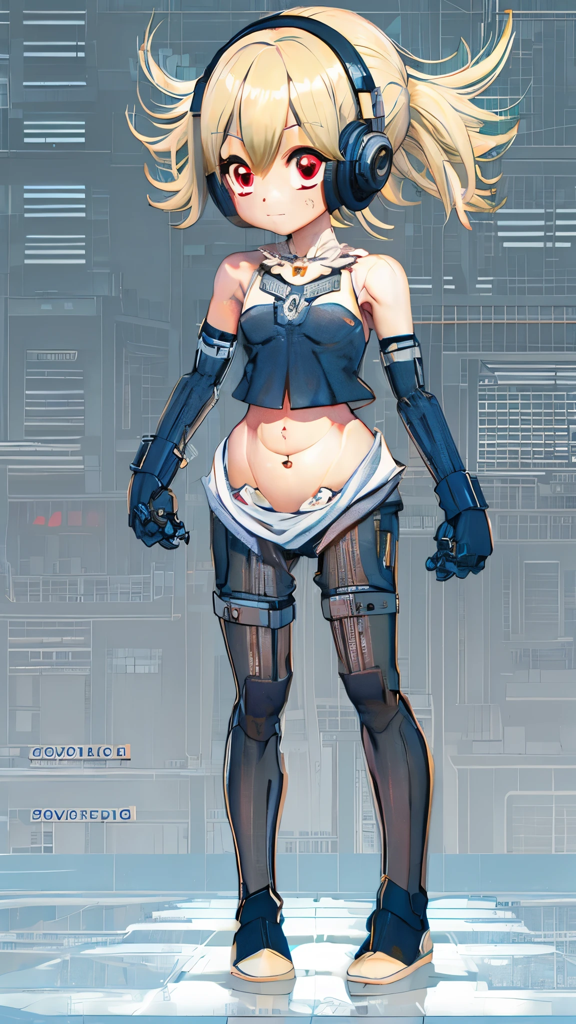 Killer robot disguised as Japanese elementary school，Full body portrait，No expression, no reaction, eyes dull，expressionless face，Seriously，Vibrant fair complexion，smooth skin，bright red eyes，Dark blue full-cover cat ear headphones，Dark blue swimsuit，Dark blue collar, dark blue miniskirt, white kagamine bell sailor suit，sleeveless，Strapless，exposed，Expose，Exposed breasts，Exposing belly，Backless，flat chest，Flat chest，Toned abdominal muscles，Strong abdominal muscles，Short stature，Luo Li，Thin legs，barefoot，No shoes，no socks，thin waist，long fingers