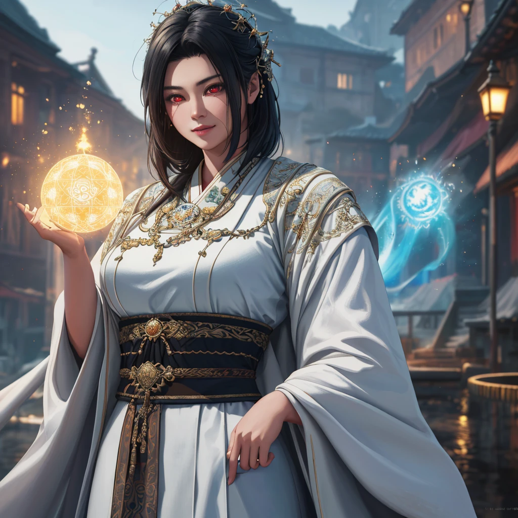 A divine Asian spirit, Malaysian woman, age 25, ankle length hair, white billowing silken robes with platinum trim, glowing eyes, and a holy aura, floats above a magic circle in a medieval European village. (best quality, 4k, highres, masterpiece:1.2), ultra-detailed, (realistic, photorealistic, photo-realistic:1.37), HDR, UHD, studio lighting, ultra-fine painting, sharp focus, physically-based rendering, extreme detail description, professional, vivid colors, bokeh, portraits, landscape, horror, anime, sci-fi, photography, concept artists, vibrant colors, soft lighting.